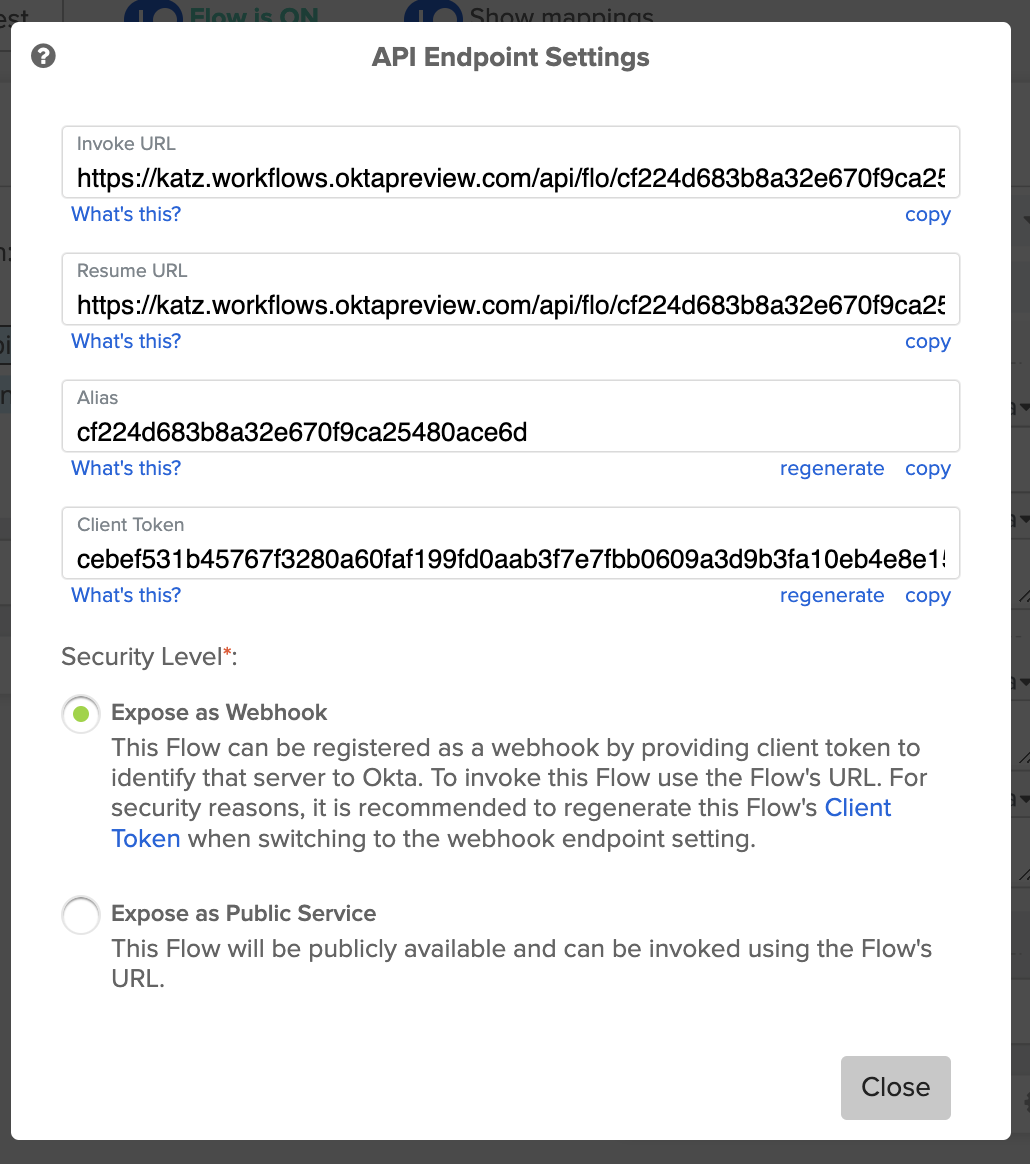API Endpoint Settings modal in Okta Workflows showing Invoke URL, Resume URL, Alias, Client Token, and Security Level set to Expose as Webhook.