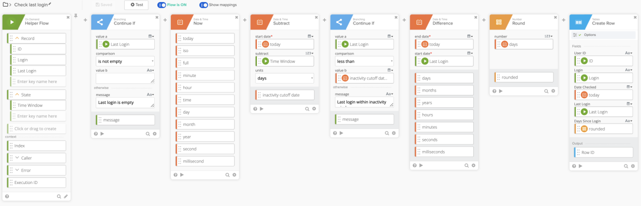 Okta Workflows Helper Flow interface titled "Check last login" showing date, math, conditional branch, and table row creation cards.