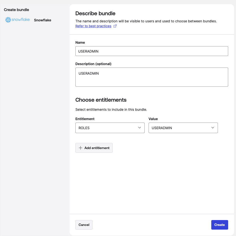 Screenshot of the Snowflake interface showing the Create bundle dialog. 