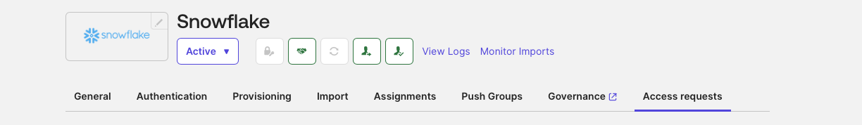 Screenshot of a Snowflake application configuration header within an admin console. 
