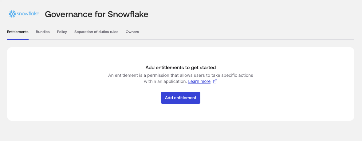 A web interface screen displays the Governance for Snowflake entitlements setup page. 