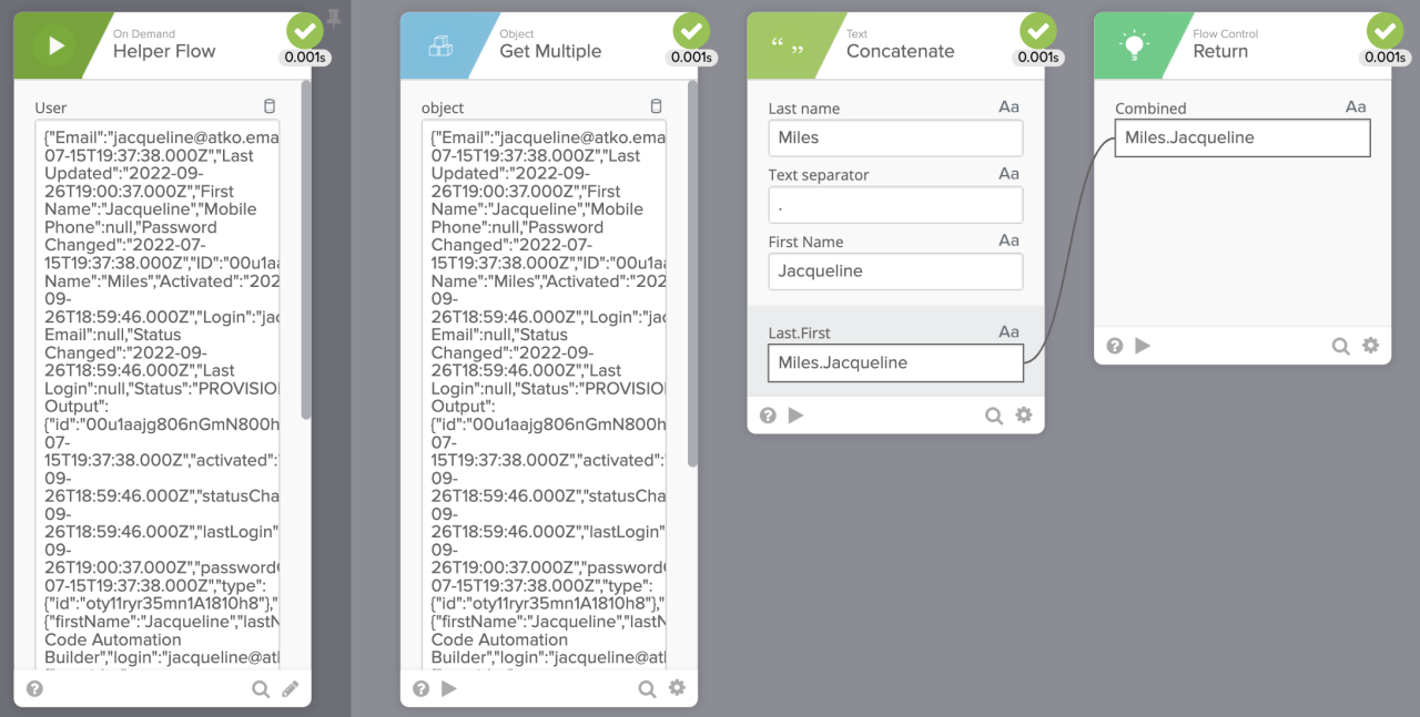 Workflow interface with four connected panels representing sequential steps.