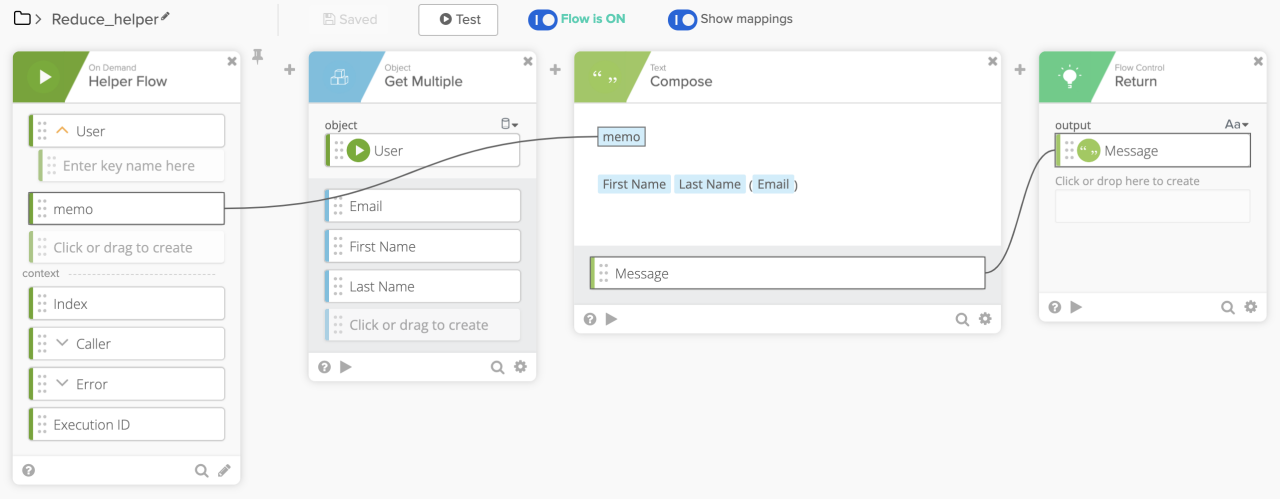 Workflow automation interface with a horizontal sequence of connected steps. 