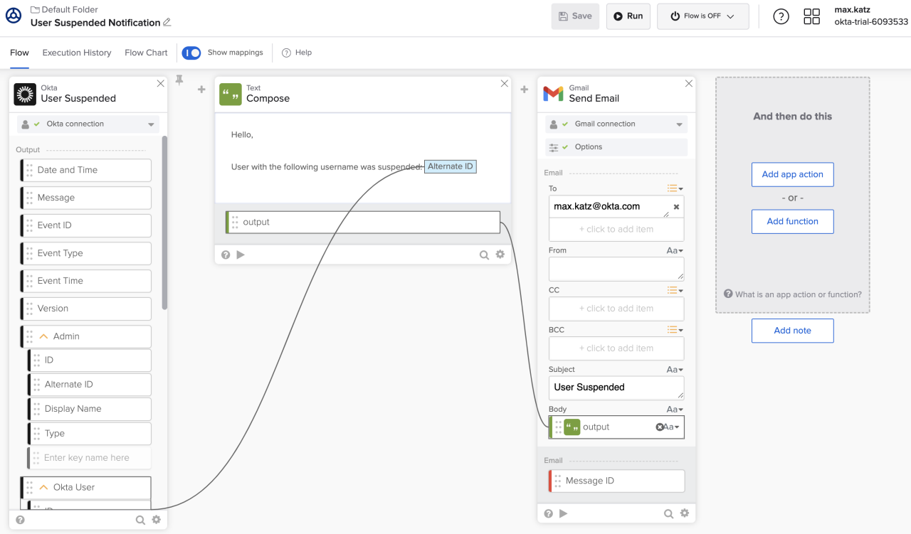Okta Workflows diagram showing a three-step automated email notification when a user account is suspended.