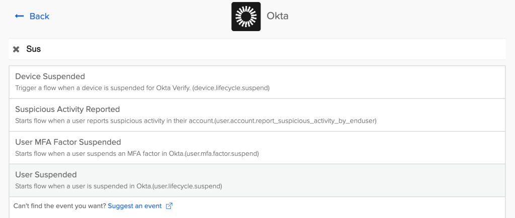 Okta event selector popup showing options filtered by "Sus", including "User Suspended."