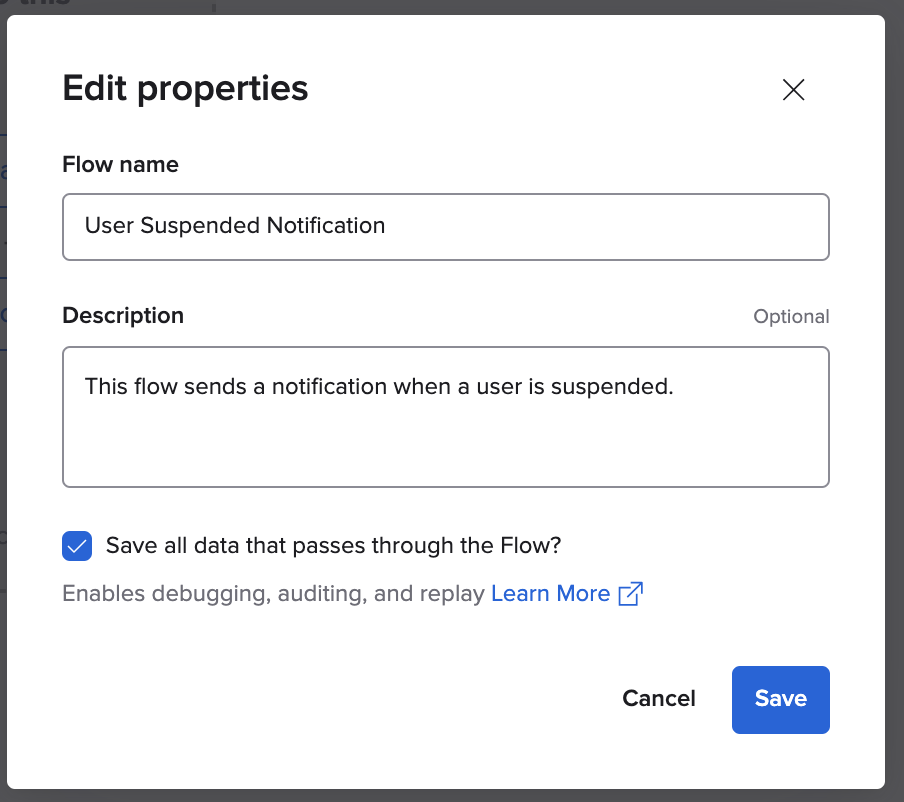 "Edit properties" pop-up dialog in Okta Workflows for setting the "User Suspended Notification" flow name and description.