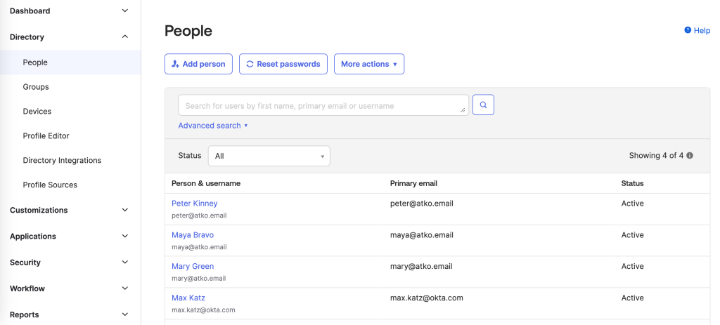 Okta Admin Console Directory > People page displaying a user list with names, email addresses, and active statuses.