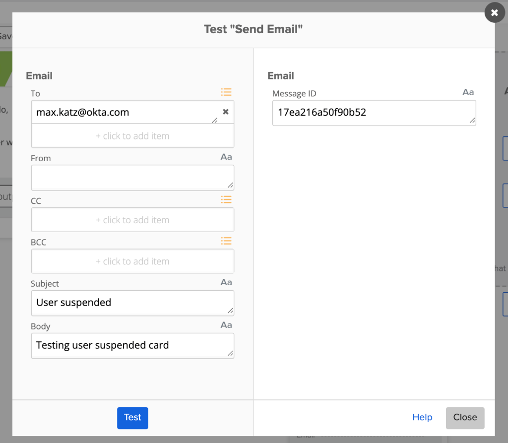 Test "Send Email" pop-up dialog in Okta Workflows configured to send a "User suspended" notification email.