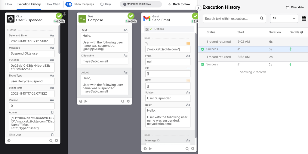 Okta Workflows Execution History tab showing successful automated flow runs for a suspended user event.