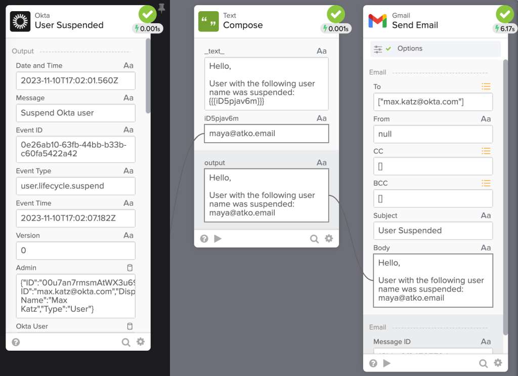 Okta Workflows execution history view showing successful step-by-step data output for a suspended user email flow.
