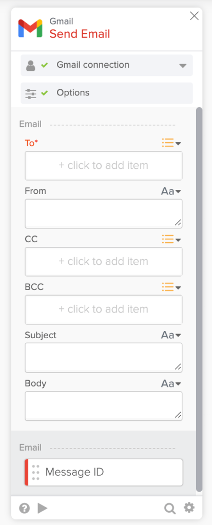 Gmail "Send Email" action card configuration panel in Okta Workflows.
