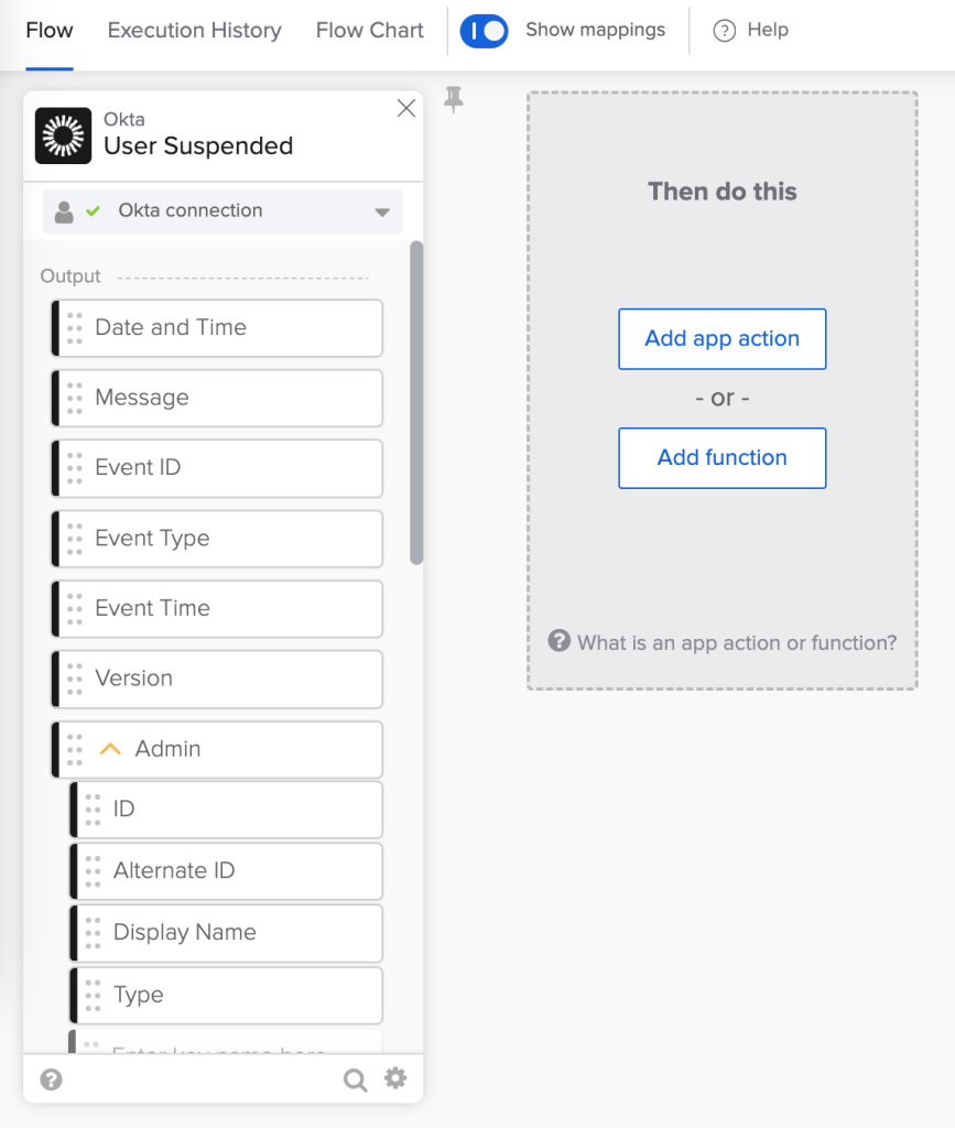 Okta Workflows diagram showing the "User Suspended" event card added with a "Then do this" prompt.
