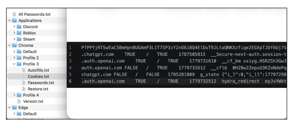 A view of an infected Windows 11 machine in Israel. The user downloaded a trojanized version of Hearts of Iron IV game, which contained the Remus infostealer. On the right is an excerpt of OpenAI and ChatGPT session data that was contained inside a third Chrome profile.