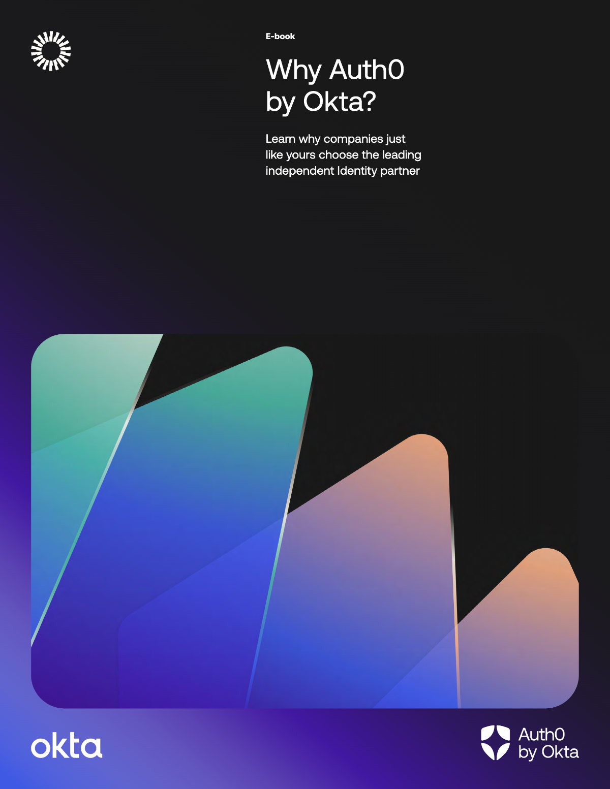 An Okta e-book cover titled "Why Auth0 by Okta?" featuring abstract colorful geometric shapes and logos for Okta and Auth0.