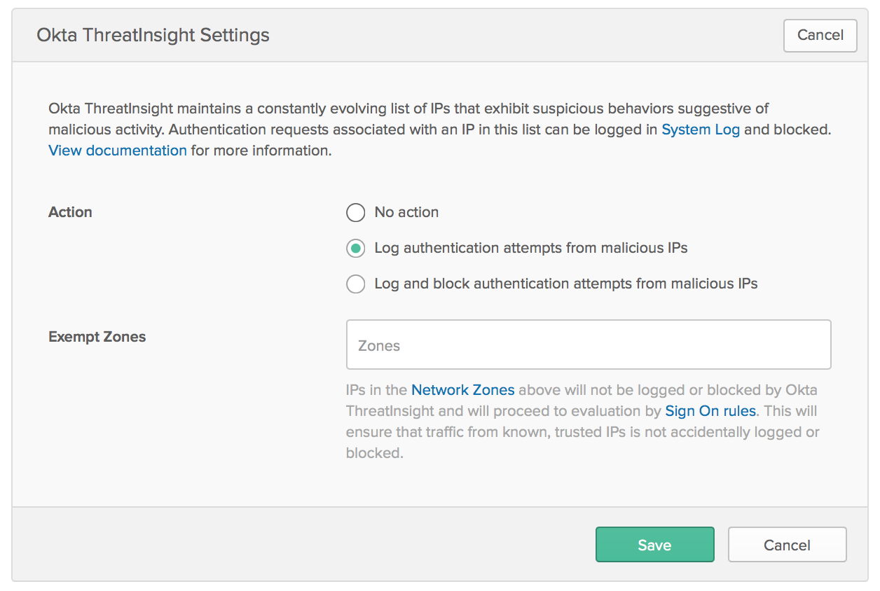 Okta Threatinsight Settings