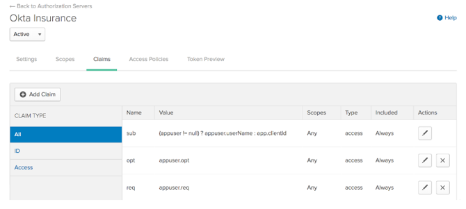 Claims tab in Okta