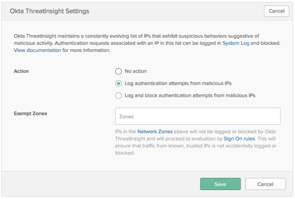 Okta ThreatInsight Admin Settings