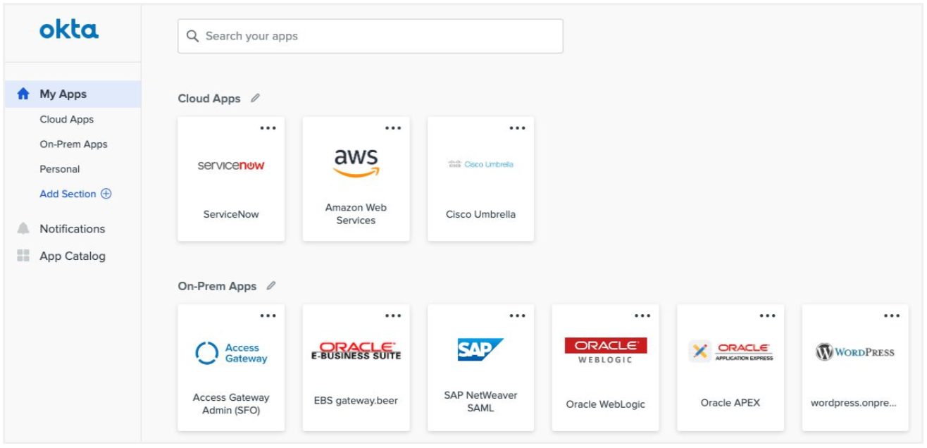 Okta dashboard with access to cloud and on prem apps