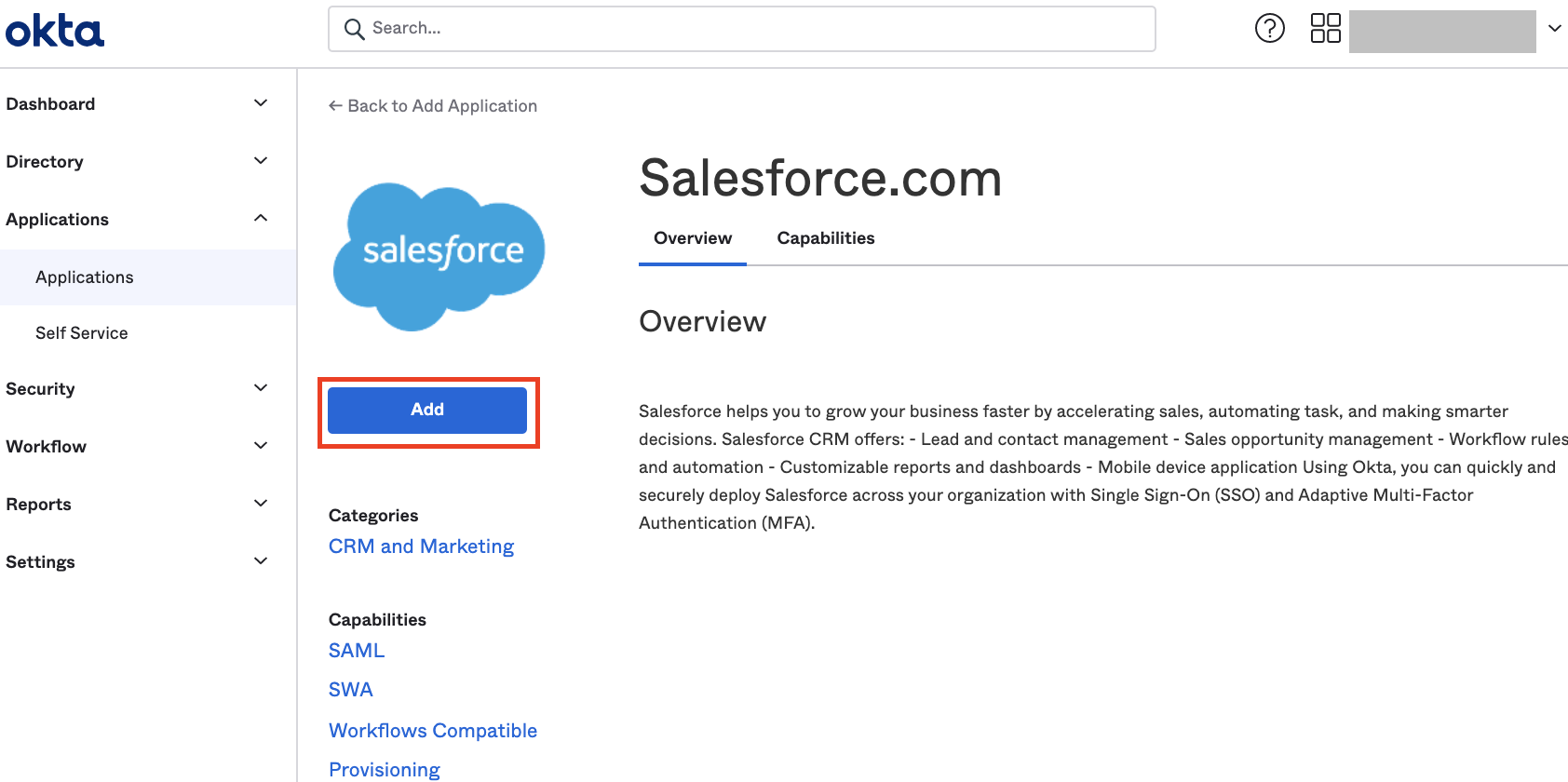 Applications → Applications → Browse App Catalog → Searchにて「Salesforce.com」を検索してAdd。
