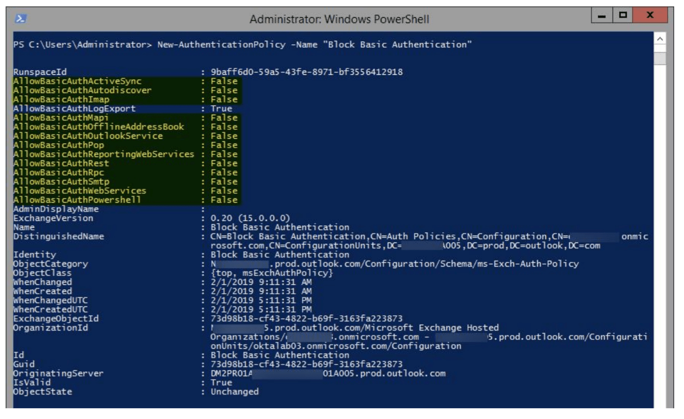 Policy properties displayed when basic authentication is disabled.