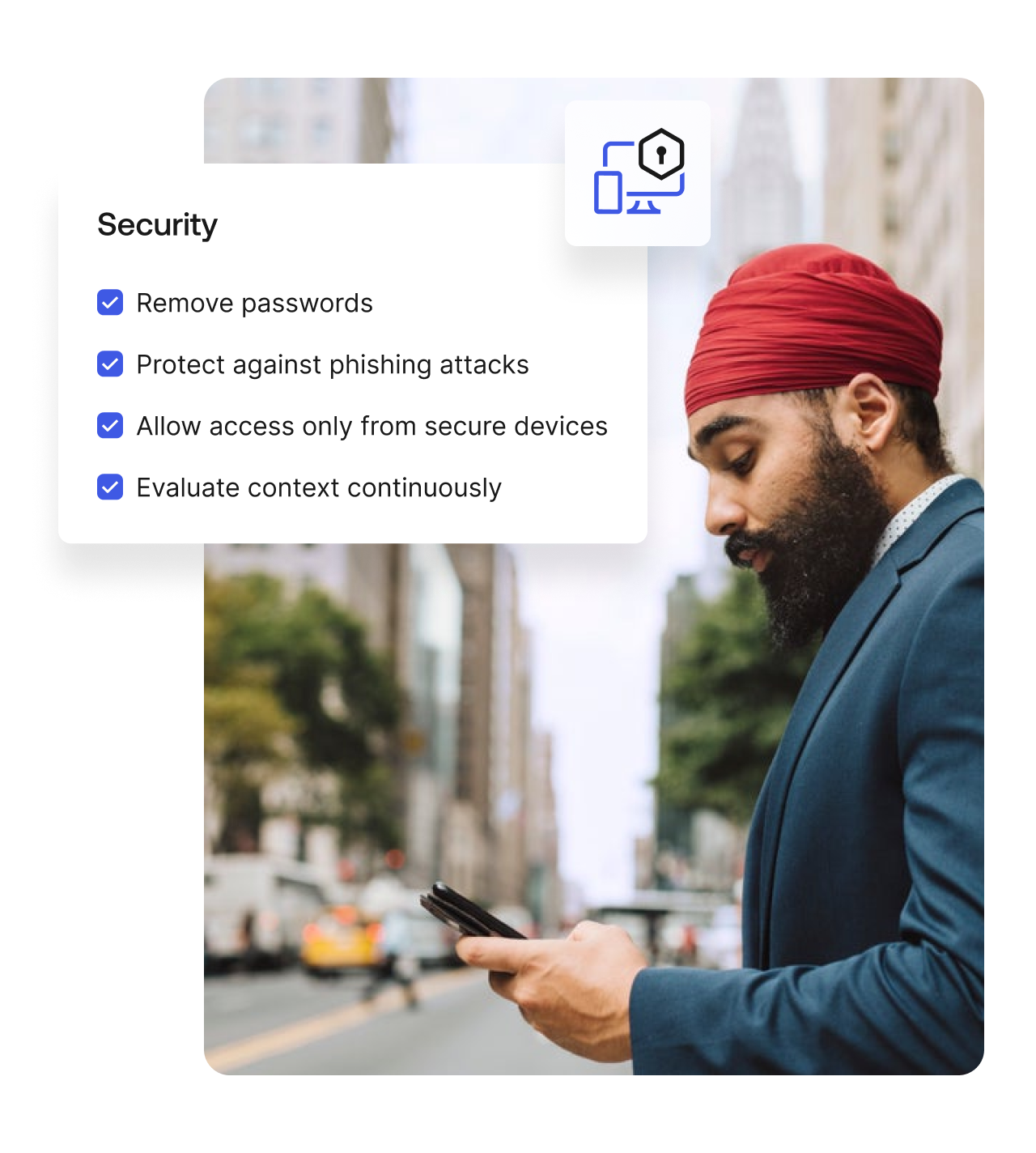 Display of Okta security features overlapping an image of a man on his phone. 