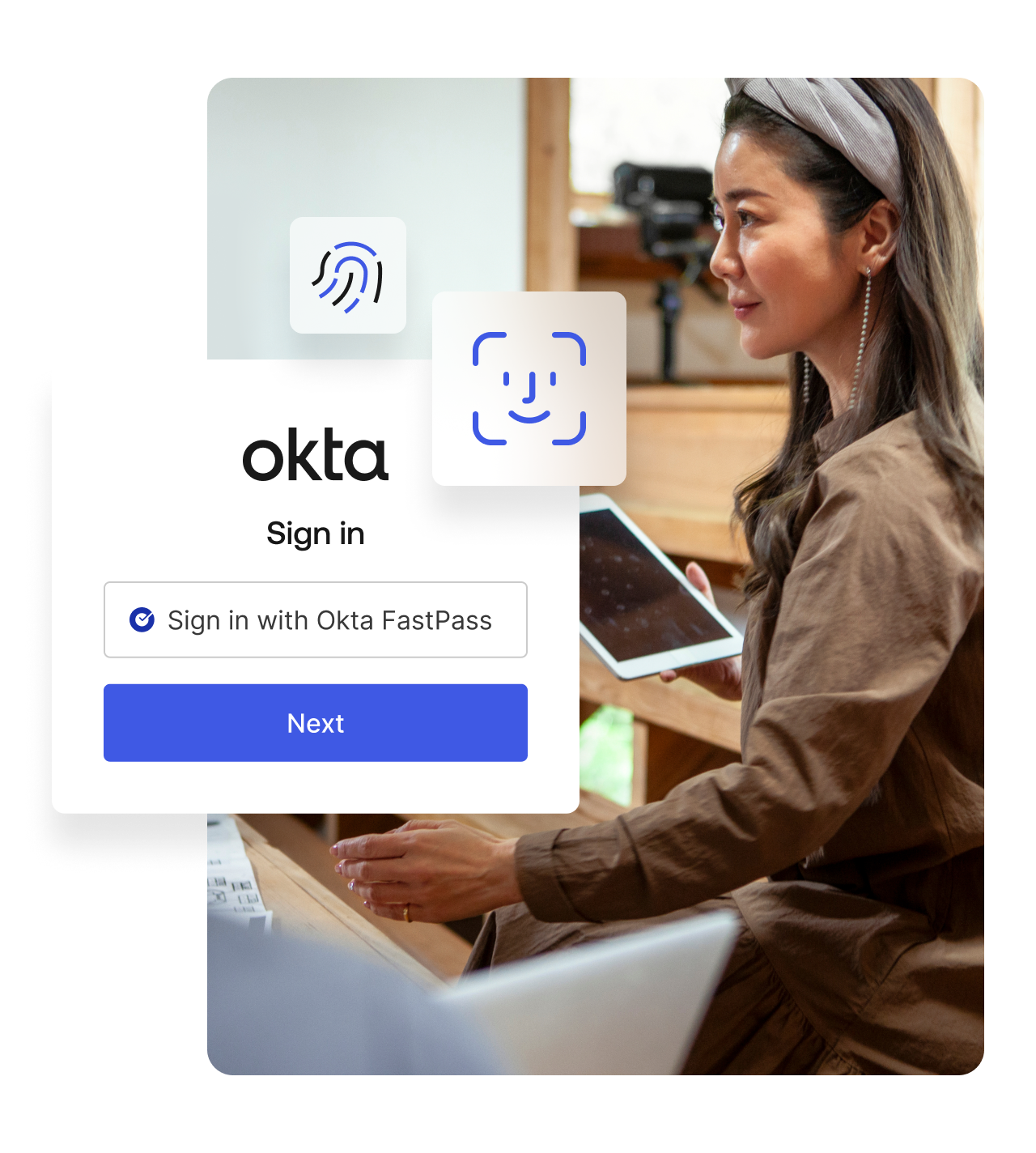 A graphic of an Okta FastPass sign-in pop-up window layered over an image of a woman holding a tablet.