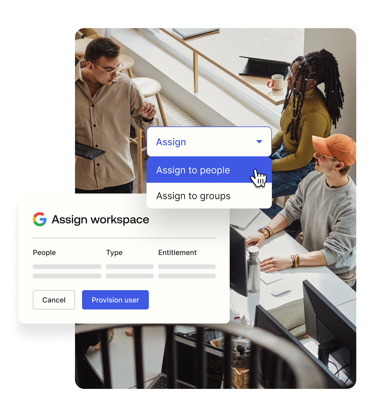 A graphic of assigning a user to a workspace layered over an image of three people working together in an office.