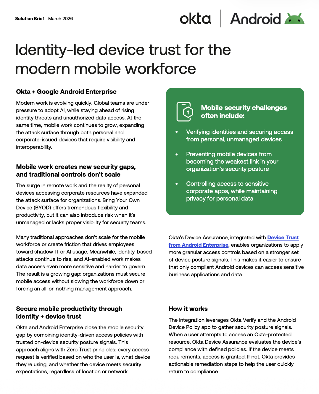 Preview image of the Okta and Android solution brief cover.