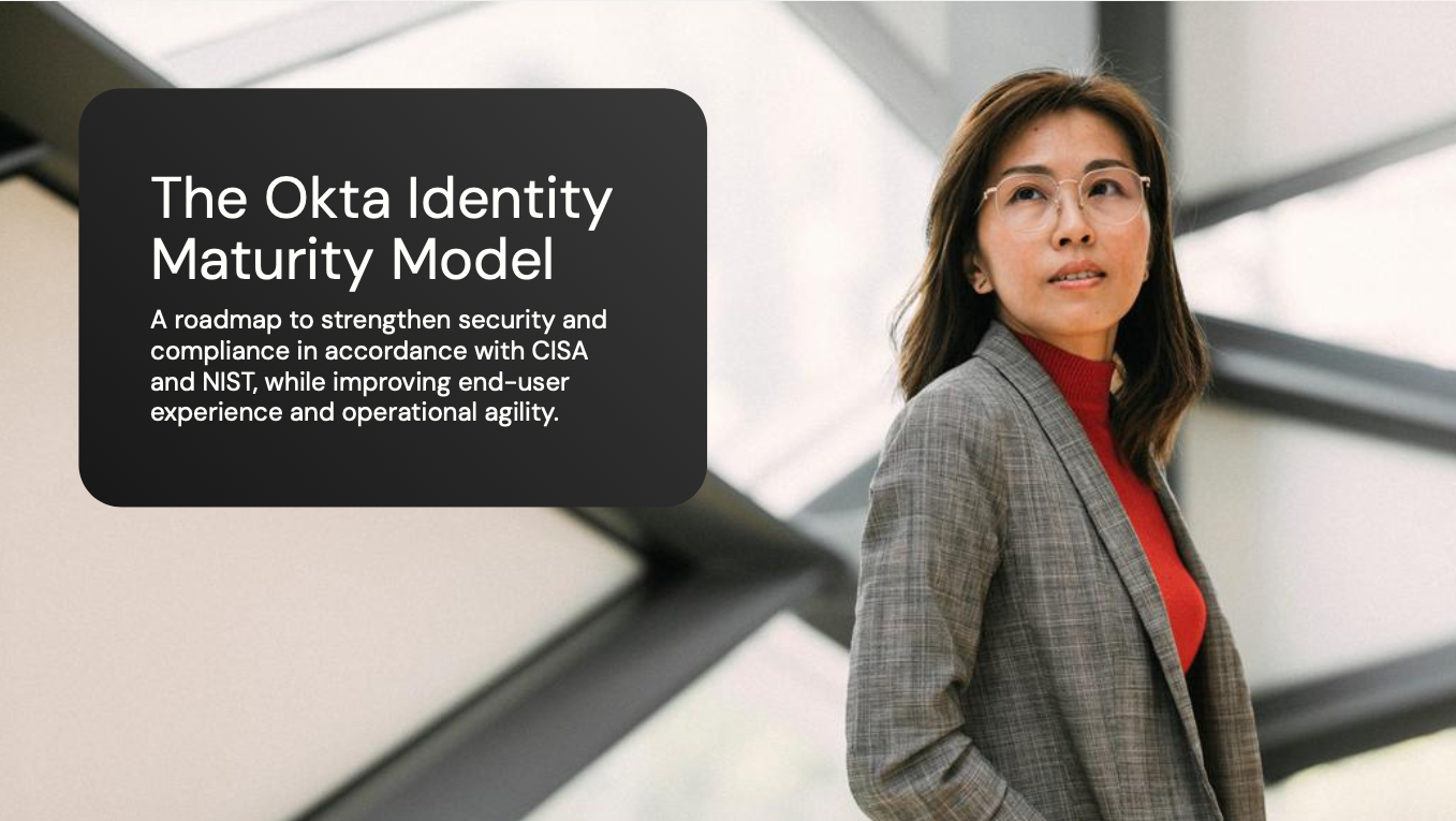 Okta Identity Maturity Model Infographic with Professional Woman