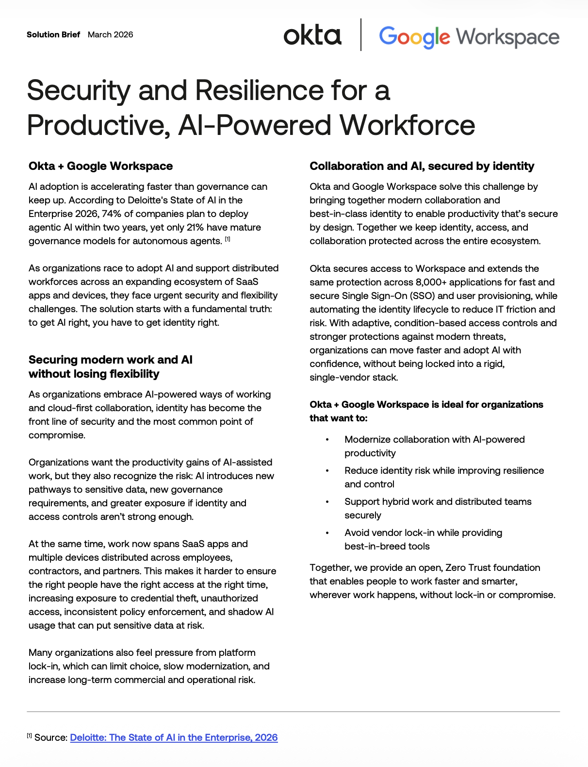 Preview of the solution brief cover for Okta integration with Google Workspace.