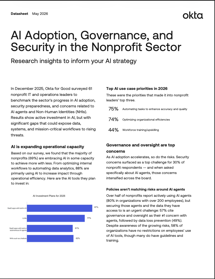 Okta for Good research report on AI adoption, governance, and security in nonprofits, surveying 61 IT leaders on their AI strategies and security preparedness.