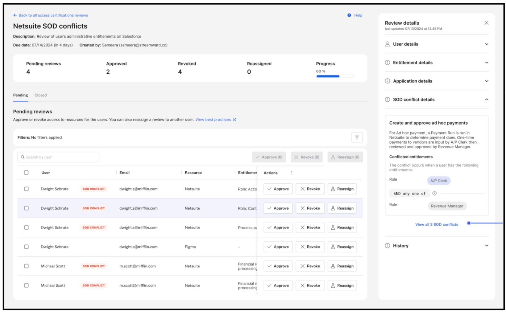 Screenshot showing Netsuite SOD conflicts
