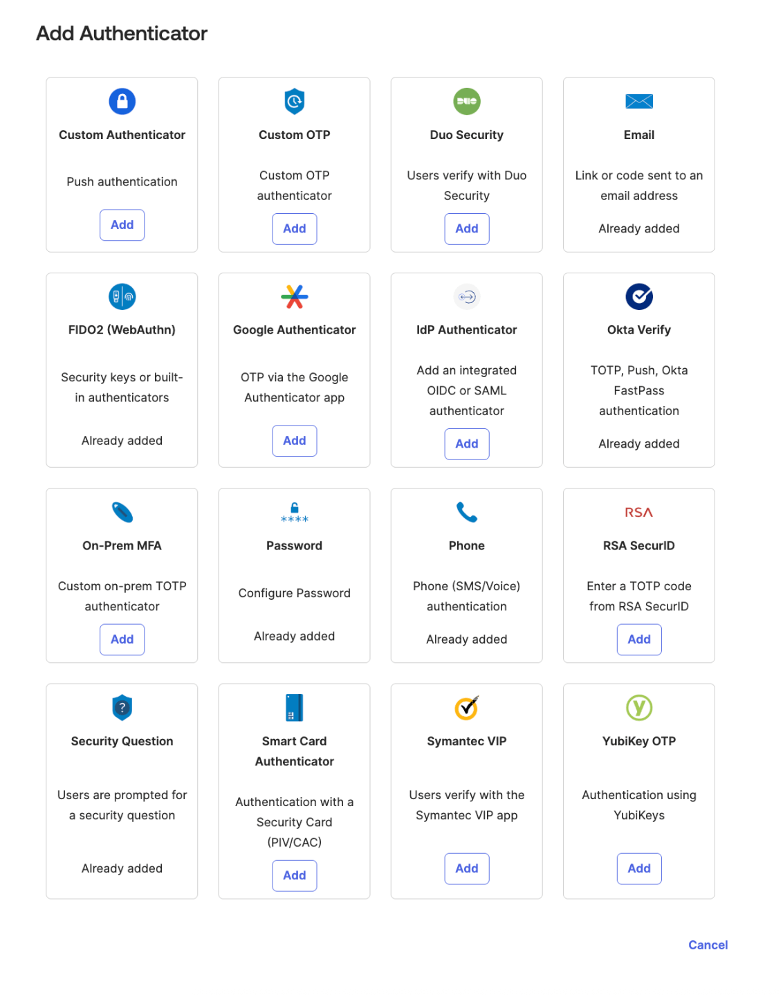 Screenshot of authentication method choices on a user dashboard